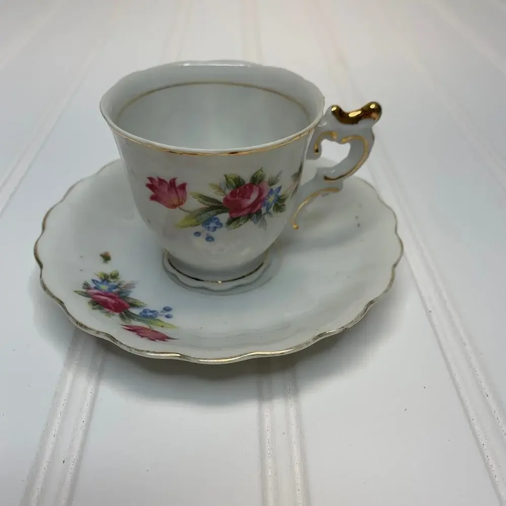 Demitasse Vintage Tea Cup Set Made in Occupied Japan Pink Roses Gold Trimmed